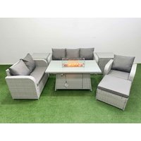 Fimous Patio PE Wicker 7 Seater Outdoor Rattan Furniture Sofa Sets w/ Firepit Dining Table Reclining Chair Loveseat Sofa 3 Seater Sofa Big Footstool