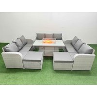 Fimous PE Rattan Lounge Sofa Set 11 Seater Outdoor Garden Furniture Set with Firepit Dining Table 3 Seater Sofa 2 Big Footstools Light Grey