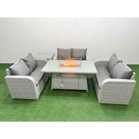 Fimous 6 Seater PE Wicker Rattan Furniture Sofa Sets with Firepit Dining Table 2 Seater Love Sofa Side Table Light Grey
