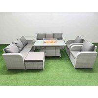Fimous PE Rattan High Back Lounge Sofa Set Patio Firepit Dining Table & Chairs Set w/ 3 Seater Sofa Reclining Chair Big Footstool Side Table Light