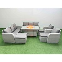 Fimous PE Rattan High Back Lounge Sofa Set Patio Firepit Dining Table & Chairs Set with 3 Seater Sofa Reclining Chair 3 Stools Light Grey