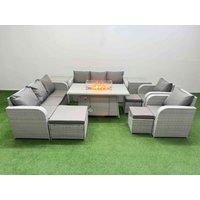 Fimous PE Rattan High Back Lounge Sofa Set Patio Firepit Dining Table & Chairs Set with 3 Seater Sofa Reclining Chair 3 Stools 2 Side Table Light Grey