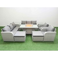 Fimous PE Rattan High Back Lounge Sofa Set Patio Firepit Dining Table & Chairs Set w/ 3 Seater Sofa Reclining Chair 2 Big Footstool 2 Side Table