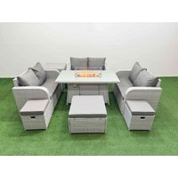 Fimous 9 Seater PE Wicker Rattan Furniture Sofa Sets with Firepit Dining Table 2 Seater Love Sofa 3 Stool Side Table Light Grey