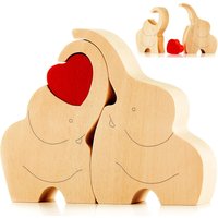 Novecrafto Loving Wooden Elephant Couple Figurine with Red Heart - Heartfelt Ornament Decor Gift with a Message of Love in Natural