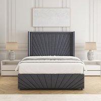 BSSPOKE Nola Plush Velvet Divan Bed Set 54" Headboard & Mattress No Drawers in Charcoal | Size: King
