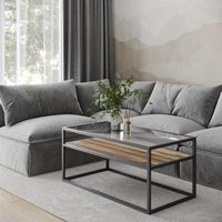 EONLION Glass Display Top Coffee Table with Steel Frame Reversible Wooden Storage Shelf in Brown