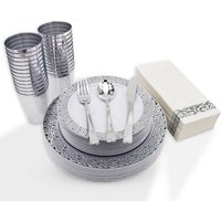 VOGREX 175pcs Disposable Dinnerware Dining set for 25 People in Silver