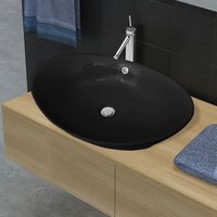 Berkfield Home Black Luxury Ceramic Basin Oval with Overflow 59 x 38, 5 cm
