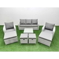 Fimous PE Rattan Lounge Sofa Set with Coffee Table 3 Seater Sofa 4 Footstools in Light Grey