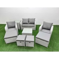 Fimous PE Rattan Love Sofa Reclining Chair Set with 4 Footstools Side Table in Light Grey