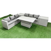 Fimous 5 PCs Rising Dining Table Set Rattan Furniture Set with 3 Seater Sofa in Light Grey