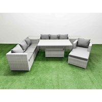 Fimous 7 PCs Rising Dining Table Set Rattan Furniture Set with 3 Seater Sofa in Light Grey