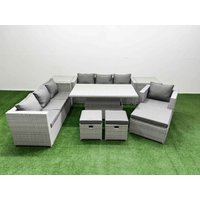 Fimous 8 PCs Rising Dining Table Set Rattan Furniture Set with 3 Seater Sofa in Light Grey