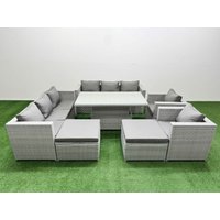 Fimous 7 PCs Rising Dining Table Set Rattan Furniture Set with 3 Seater Sofa in Light Grey
