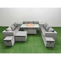 Fimous PE Rattan Sofa Set Outdoor Garden Furniture Set with Firepit Table in Light Grey