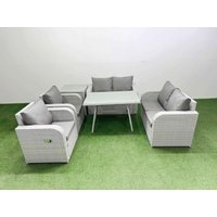 Fimous 6 Seater Rattan Garden Furniture Set Outdoor Love Sofa Set in Light Grey