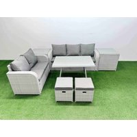 Fimous Rectangular Dining Table Sofa Set with 2 Small Stool 2 Side Tables in Light Grey