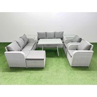 Fimous Rattan High Back Lounge Sofa Set with Reclining Chairs 2 Side Tables in Light Grey