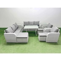 Fimous Rattan High Back Lounge Sofa Set with Reclining Chairs 2 Side Tables in Light Grey