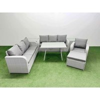 Fimous 7 Pieces Outdoor PE Rattan Garden Furniture with 2 Side Tables Stool in Light Grey