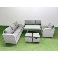 Fimous 7 Pieces Outdoor PE Rattan Garden Furniture with Side Table 2 Stools in Light Grey