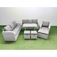 Fimous 8 Pieces Outdoor PE Rattan Garden Furniture with Side Table 3 Stool in Light Grey