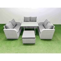 Fimous 7-seater Patio Rectangular Table Love Sofa Set with Big Stool in Light Grey