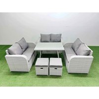 Fimous 8-seater Patio Rectangular Table Love Sofa Set with 2 Small Stools in Light Grey