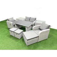 Fimous Outdoor Rattan Garden Furniture Dining Set 7-seater with 2 Side Tables in Light Grey