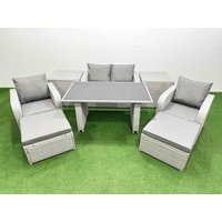 Fimous Outdoor Rattan Garden Furniture Dining Set 6-seater with 2 Side Tables in Light Grey