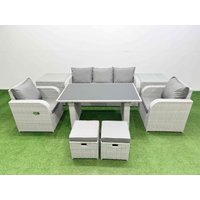 Fimous Outdoor Rattan Garden Furniture Dining Set 7-seater with 2 Side Table in Light Grey