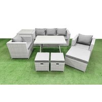 Fimous 9 Pieces Outdoor PE Rattan Sofa Armchair Set with Side Table 3 Stools in Light Grey