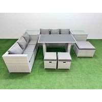 Fimous 9-seater Patio Rectangular Table Sofa Set with 2 Side Tables 3 Stools in Light Grey