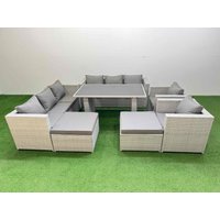 Fimous 10 Seater Outdoor Dining Table 3 Seater Sofa Set with 2 Big Stools in Light Grey