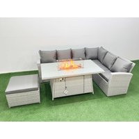 Fimous 7 Seat Rattan Garden Furniture Corner Sofa Set Gas Firepit Table Sets in Light Grey