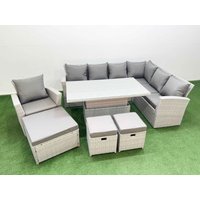 Fimous 10 Seat Rattan Garden Furniture Corner Sofa Set with 3 Footstools in Light Grey