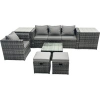 Fimous 6 Seater Patio Lounge Sofa Set with Side Table 2 Small Footstool in Dark Grey