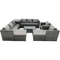 Fimous 10-seater Patio Coffee Table Sofa Set with 2 Big Stools Side Table in Dark Grey