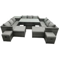 Fimous Rattan Dining Table Sofa Set with Side Table 4 Stools Outdoor 13 Seat in Dark Grey