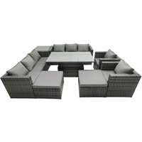 Fimous Rattan Dining Table Sofa Set with Side Table 2 Stools Outdoor 10 Seat in Dark Grey