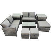 Fimous Lounge Double Seat Sofa Coffee Table Set with 2 Side Table 3 Stools in Dark Grey