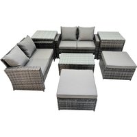 Fimous 6 Seater Wicker PE Rattan Furniture Outdoor 2 Stool 2 Side Tables Set in Dark Grey