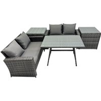 Fimous 4 Seater Outdoor Dining Table Double Seat Sofa 2 Side Table Set in Dark Grey