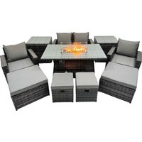 Fimous Outdoor Love Sofa Set 8 Seat & Gas Firpit Table 4 Stools 2 Side Table in Dark Grey