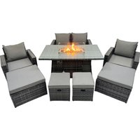 Fimous Outdoor Love Sofa Set 8 Seat & Gas Firpit Dining Table 3 Footstools in Dark Grey