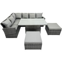 Fimous Poly Rattan Outdoor Patio Corner Sofa Set with 2 Big Stool in Dark Grey