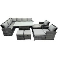 Fimous Poly Rattan Outdoor Patio Corner Sofa Set with 4 Stool, 2 Chairs in Dark Grey