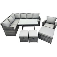 Fimous 10 Seat Patio Oblong Dining Table Corner Sofa Set with 3 Stool Chair in Dark Grey