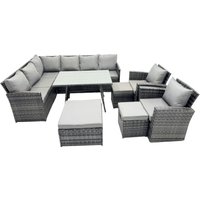 Fimous 11 Seat Patio Oblong Dining Table Corner Sofa Set with 3 Stool 2 Chair in Dark Grey